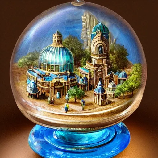 Prompt: still life painting of a miniature tabletop ancient city under a glass dome, by paulette tavormina and clara peeters, cool color - scheme with blues and greens, hyper realistic, super detailed, beautiful lighting