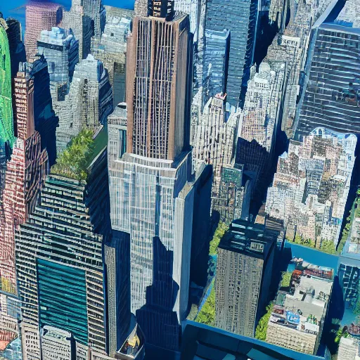 Image similar to aerial view of a giant fish tank shaped like a tower in the middle of new york city, 8k octane render, photorealistic