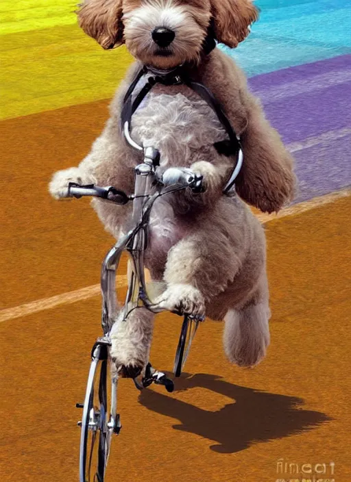 Image similar to digital art, golden doodle puppy, riding a pelaton, cute, artistic