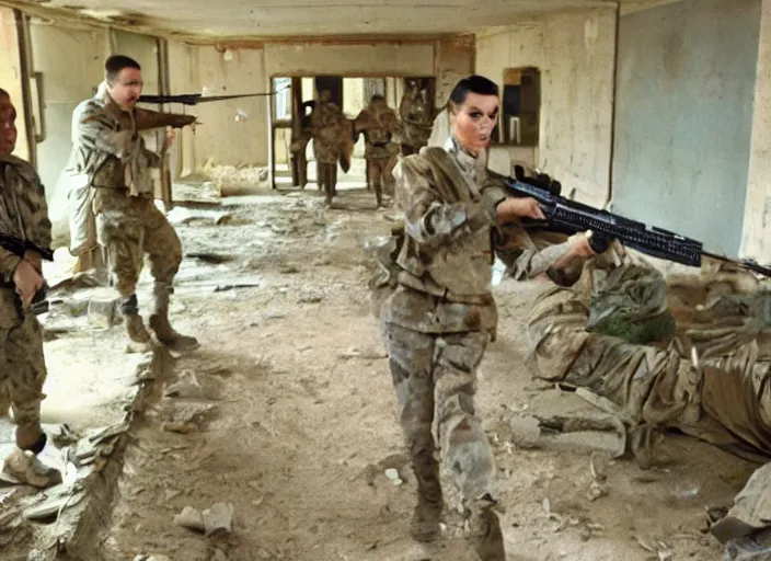 Image similar to a film still of kim kardashian as a soldier firing a rifle, open neckline, backround : abandoned school interior