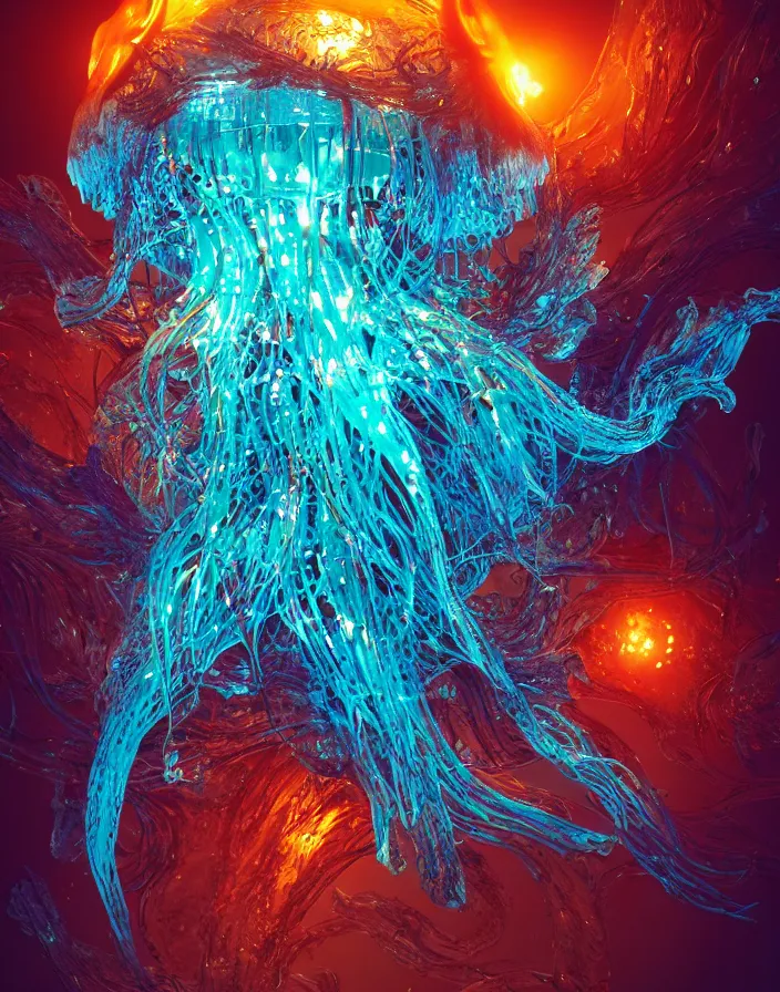 Image similar to horror. monster. burning water distortions. intricate abstract ornament. jellyfish phoenix head. intricate artwork. by Tooth Wu, wlop, beeple, dan mumford. octane render, trending on artstation, greg rutkowski very coherent symmetrical artwork. cinematic, hyper realism, high detail, octane render, 8k, depth of field, bokeh. iridescent accents
