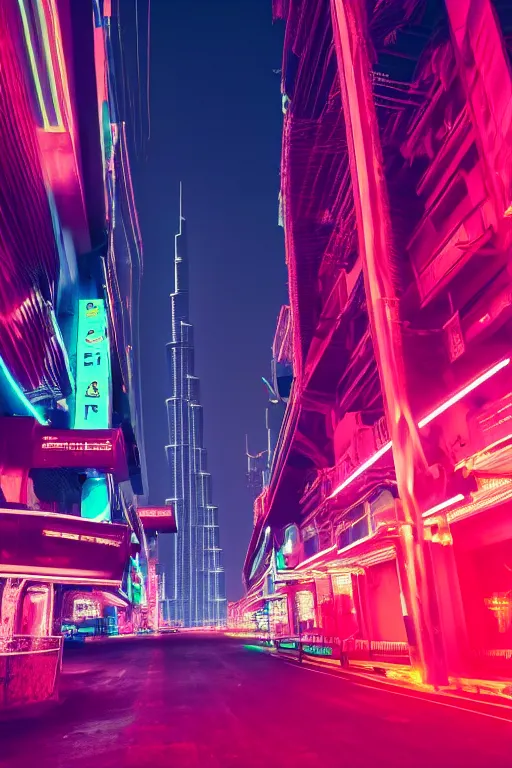 Image similar to neon streets of dubai, 4 k, award winning photo, cyberpunk style