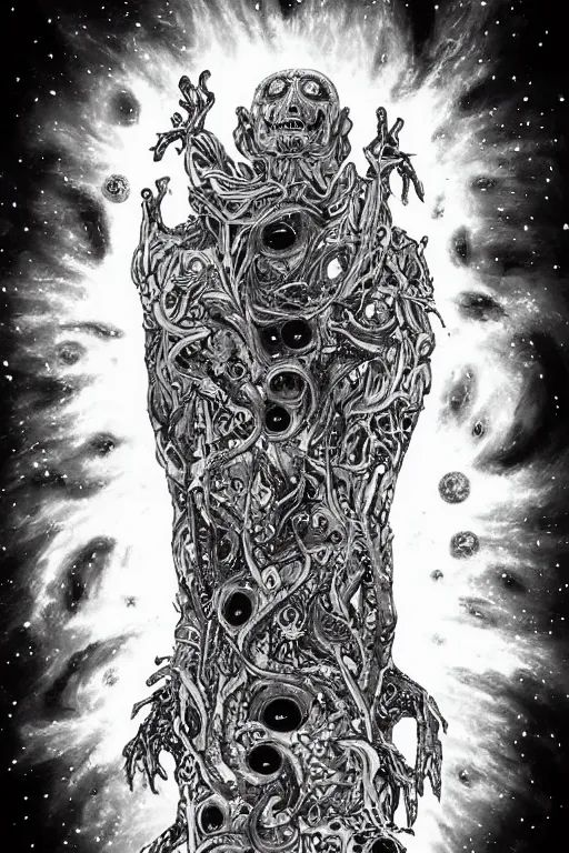 Image similar to black and white illustration, creative design, body horror, cosmic monster