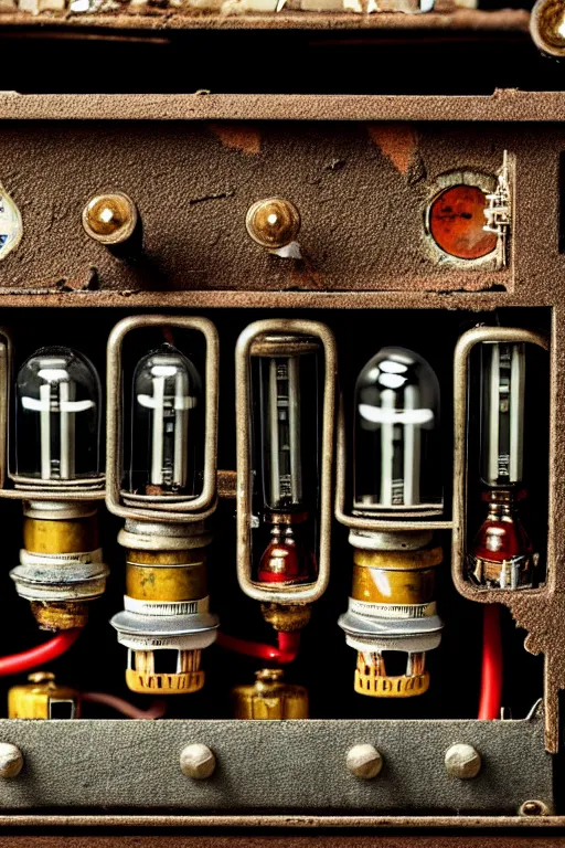 Image similar to A photo of a very old opened camera with vacuum tubes, capacitors and coils inside by Wes Anderson, grungy, weathered Ultra detailed, hyper realistic, 4k