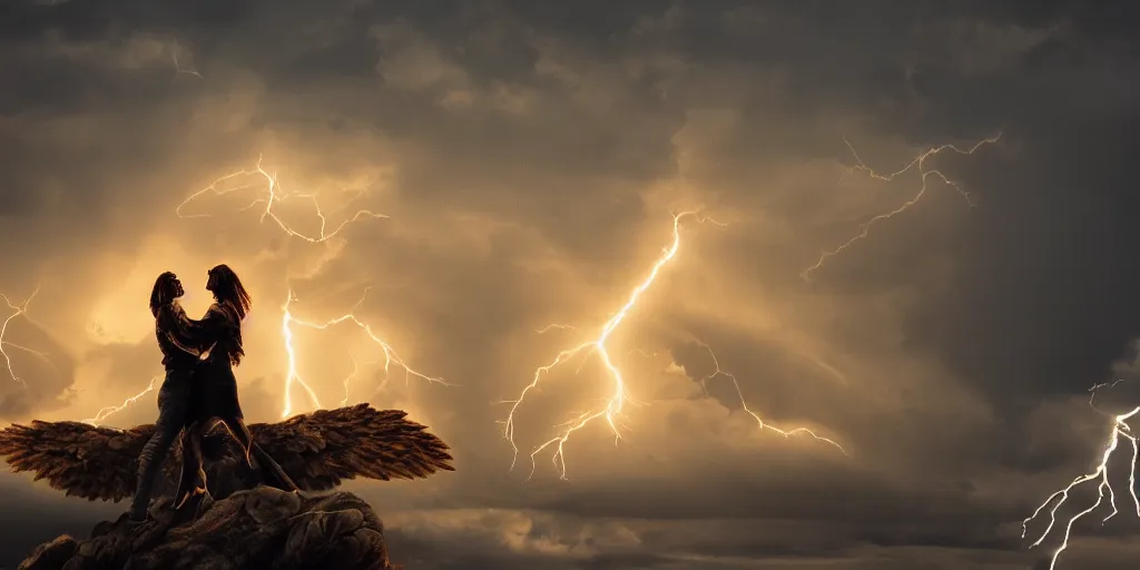 Image similar to young couple falling through clouds, winged angel & demon with tail battling hugging kissing. background clouds, illuminated by lightning and fire