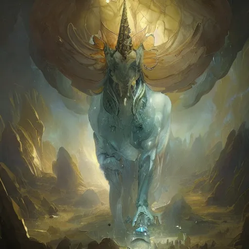 Image similar to god shatterng mirrors reflecting everything, unicorndragon insanely detailed and intricate by peter mohrbacher and craig mullins