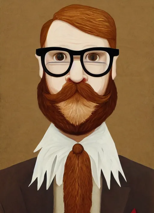 Prompt: bearded ginger man with glasses, a beautiful painting representative of the art style of wes anderson and spike jonze