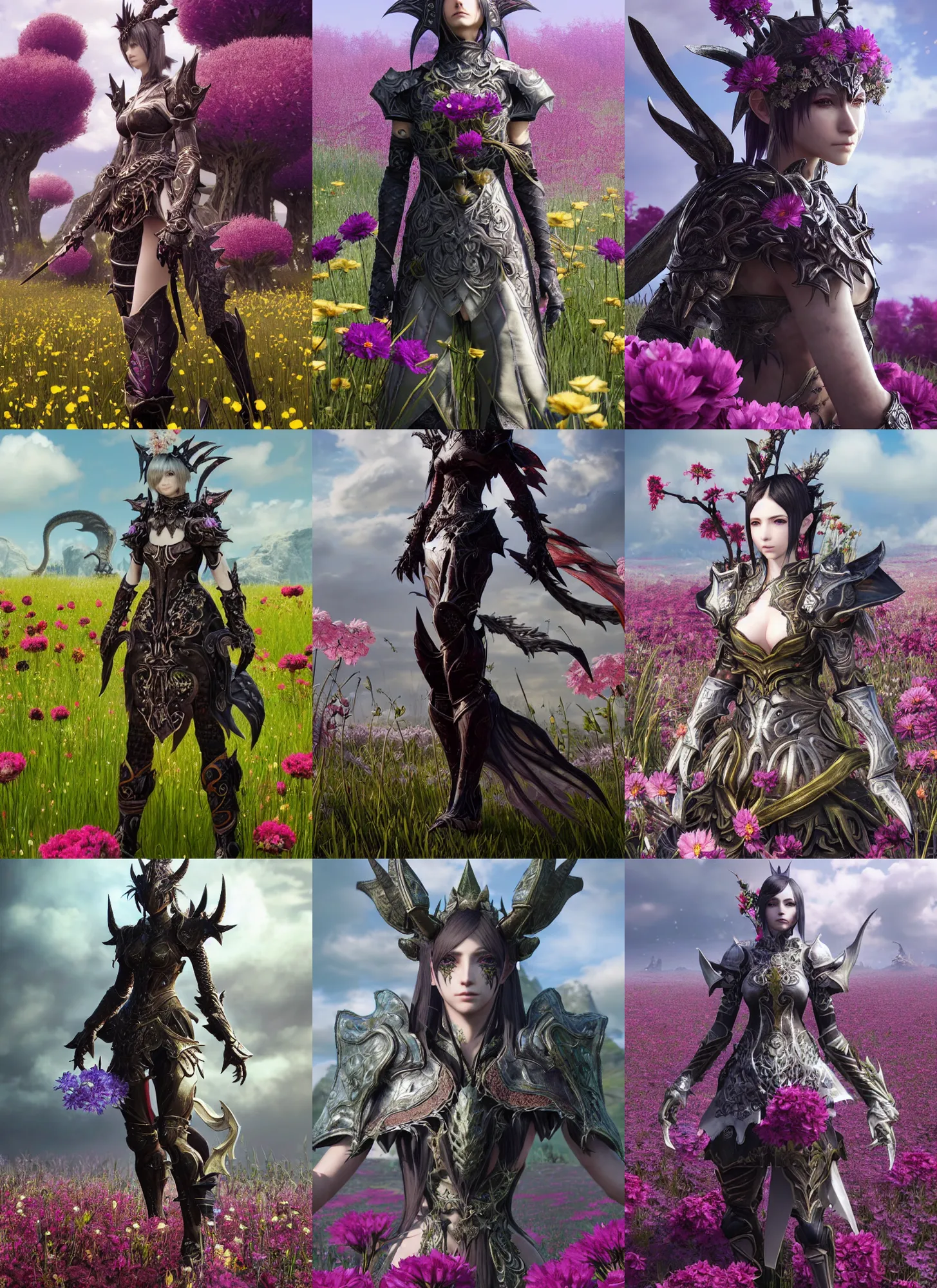 Prompt: a distant character portrait of an au ra with dragon scale skin standing in a field of flowers wearing armor, in the style of final fantasy xiv, octane render, a realistically proportioned face, photorealistic eyes, good value control, smooth, realistic shading, realistic face details, illustration, substance painter, very highly detailed