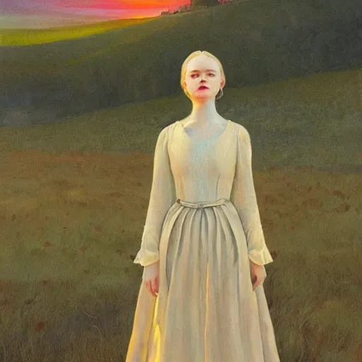 Image similar to Elle Fanning in the painted world of Portrait of a Lady on Fire, head and shoulders masterpiece, apocalypse, golden hour, cosmic horror, artstation, in the style of Andrew Wyeth and Edward Hopper and Bosch, extremely detailed