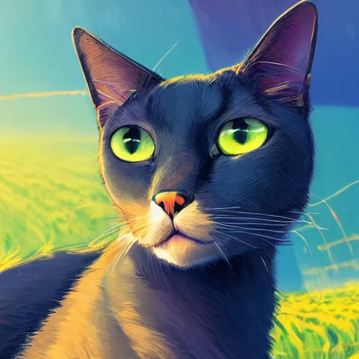 Prompt: portrait of a cat, farm field background, rich vivid colors, ambient lighting, dynamic lighting, 4k, HQ, official media, anime key visual, makoto shinkai, ilya kuvshinov, lois van baarle, rossdraws, detailed, trending on artstation