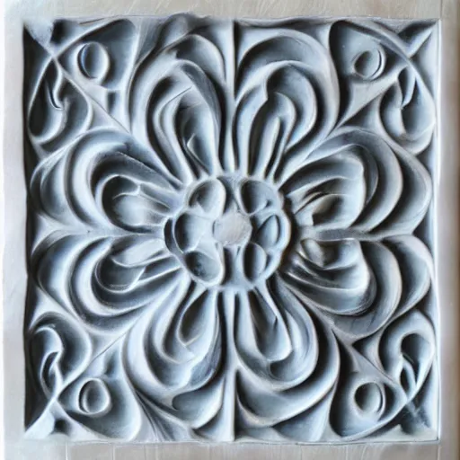 Image similar to fine details, thin swirls, fractal, twisty, carved soapstone relief paneling white and pale blue