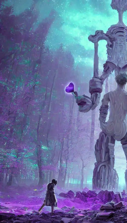 Image similar to a future sci fi ancient god on the middle of a purple forest looking to a young male dressed with streetwear holding a portal that's about to explode, abandoned city with graffiti, sweat drops, insane, intricate, highly detailed, voxel art, smooth, sharp focus, Unreal Engine 5, 8K, art by Diego Velázquez