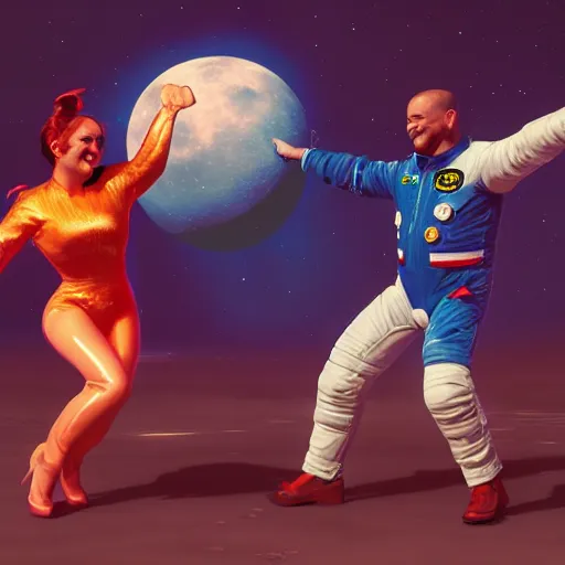 Image similar to A hyper real comic book style portait painting of two astronauts dancing Salsa on the moon, unreal 5, hyperrealistic, octane render, cosplay, RPG portrait, dynamic lighting