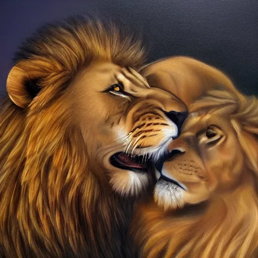 Image similar to oil painting of a lion kissing another lion male, detailed, 4k, fantasy