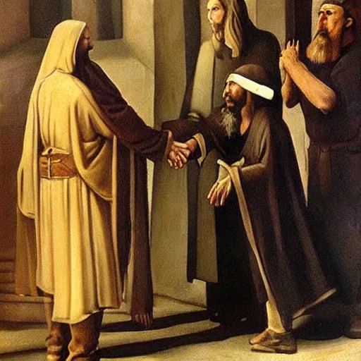 Image similar to hitler handshakes jesus hd, realistic, by da vinci