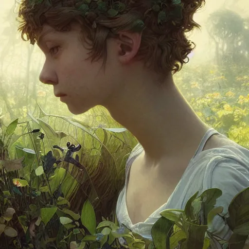 Image similar to portrait painting of green children of woolpit, ultra realistic, concept art, intricate details, eerie, highly detailed, photorealistic, octane render, 8 k, unreal engine. art by artgerm and greg rutkowski and alphonse mucha