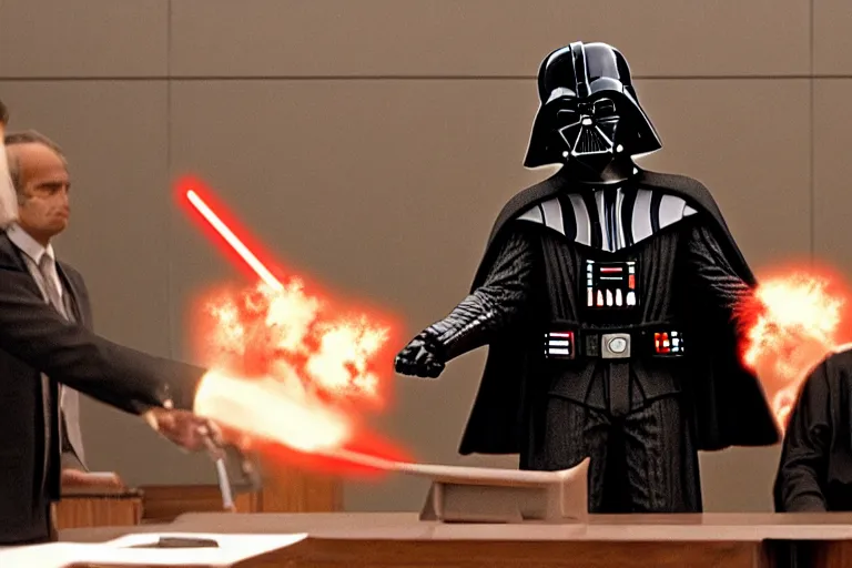 Prompt: darth vader in court being defended by saul goodman, court images, 1 0 8 0 p, court archive images