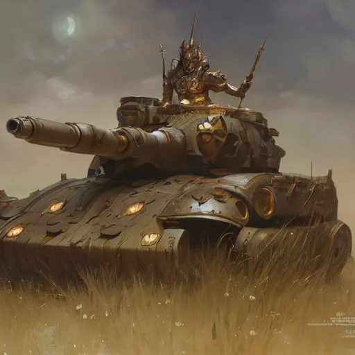 Image similar to battle tank, cinematic lighting, fantasy, warforged, intricate, highly detailed, lifelike, photorealistic, digital painting, artstation, illustration, concept art, sharp focus, art by john collier and albert aublet and krenz cushart and artem demura and alphonse mucha