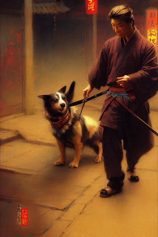 Image similar to dog, wuxia, neon light, painting by gaston bussiere, craig mullins, j. c. leyendecker