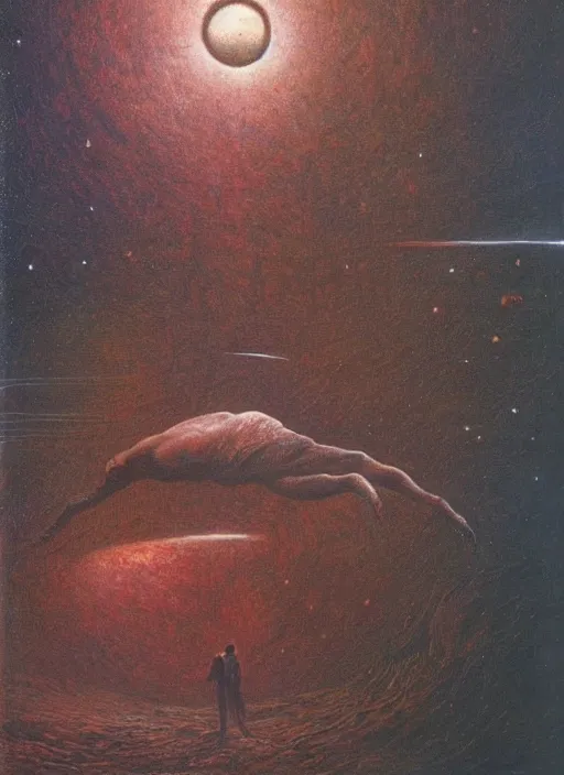 Prompt: Morgan Freeman exploring the space as creator of the world, overview in style of beksinski