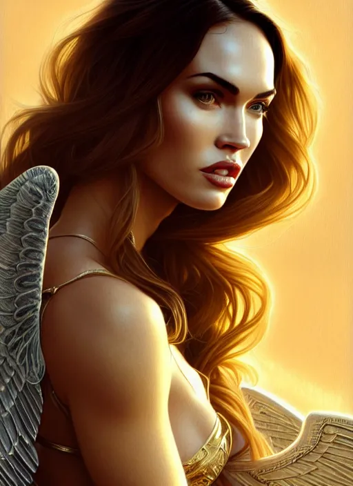 Image similar to portrait of megan fox as an sultry blonde angel, wings, bible, intricate, headshot, highly detailed, digital painting, artstation, concept art, sharp focus, cinematic lighting, illustration, art by artgerm and greg rutkowski, alphonse mucha, cgsociety