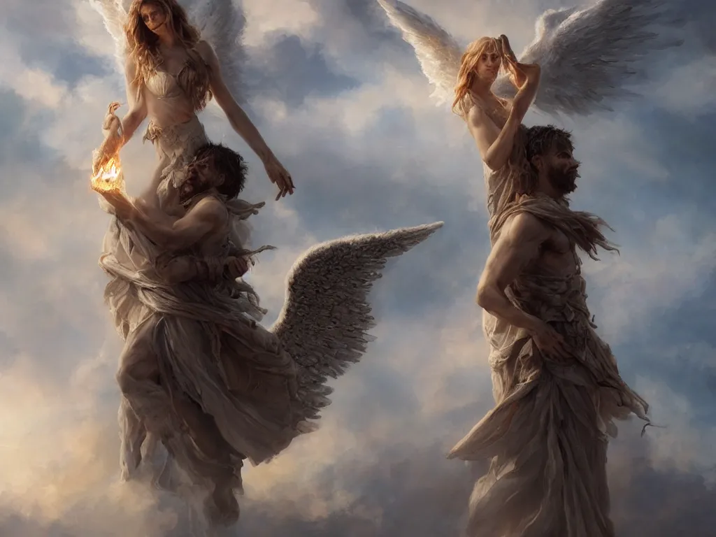 Image similar to angel carries a burning man in his arms in the clouds, fantasy art, award winning, dark fantasy, fantasy magic, intricate, elegant, sharp focus, cinematic lighting, highly detailed, digital painting, concept art, art by wlop and artgerm and greg rutkowski, masterpiece, trending on artstation, 8 k
