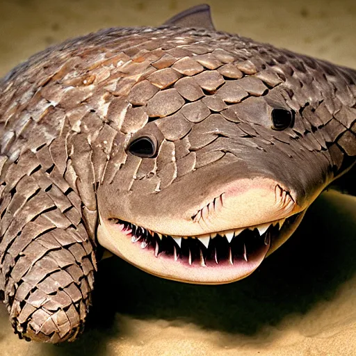 Prompt: a Shark with the armor of a pangolin, national geographic photograph