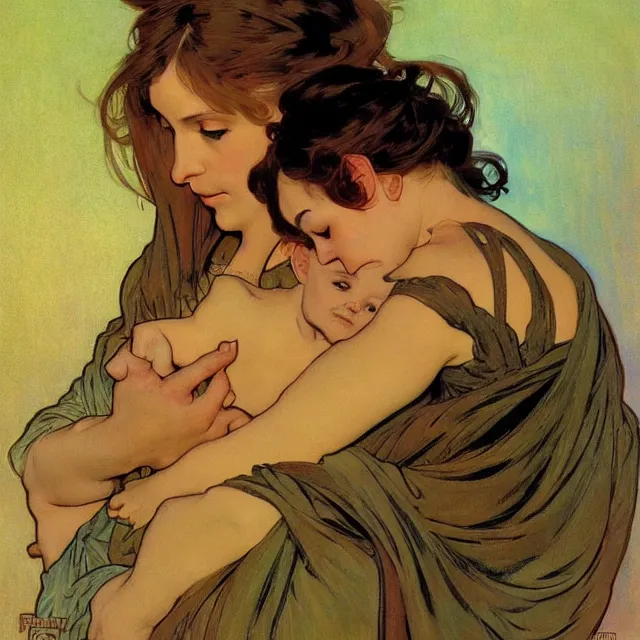 Prompt: an aesthetic! detailed portrait of an aesthetic woman crying mournfully while cradling a child, by frank frazetta and alphonse mucha, oil on canvas, bright colors, art nouveau, epic composition, dungeons and dragons fantasy art, hd, god - rays, ray - tracing, crisp contour - lines, huhd - 8 k