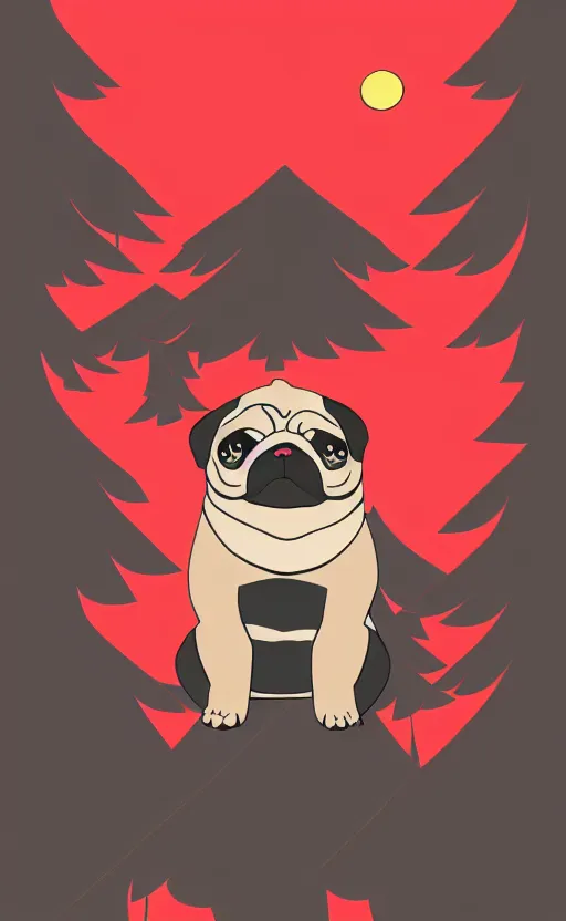 Prompt: hanafuda pug, a big red charm is floating above a forest of japanese pines, a big red sun in the background, original style, front game card, vector line art, trending on behance, concept art, stunning, matte