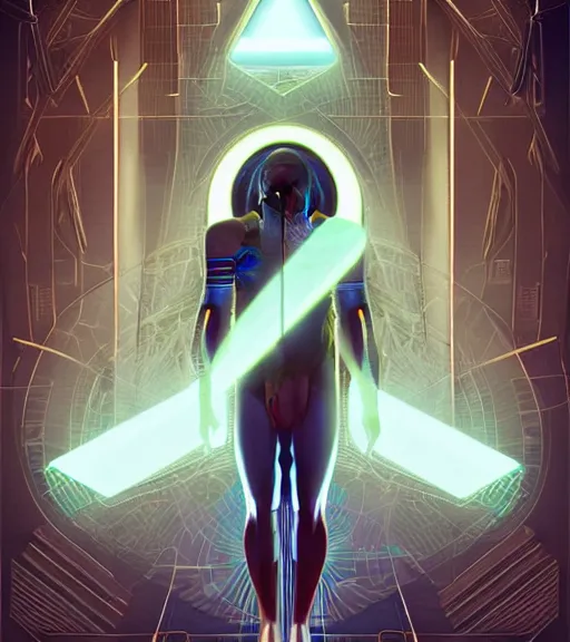 Image similar to symmetry!! egyptian prince of technology, solid cube of light, hard edges, product render retro - futuristic poster scifi, lasers and neon circuits, brown skin man egyptian prince, intricate, elegant, highly detailed, digital painting, artstation, concept art, smooth, sharp focus, illustration, dreamlike, art by artgerm