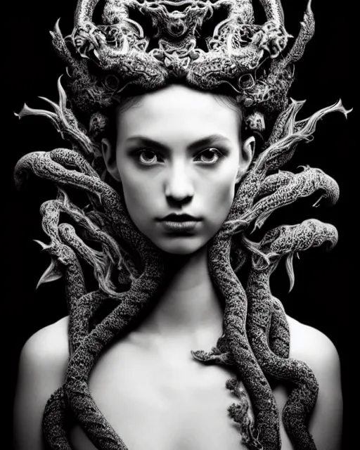 Image similar to dark background, a black and white high quality dreamy photo of a young beautiful female queen-dragon-vegetal-cyborg bust with a very long neck and delicate Mandelbrot fractal face, elegant, highly detailed, flesh highly baroque ornate, hair are curled wired cables, elegant, poetic, soft, dreamy, mysterious, high fashion, rim light, in the style of Ellen von Unwerth, Realistic, Refined, Digital Art, Highly Detailed, Cinematic Lighting, rim light, black and white, photo-realistic, 8K