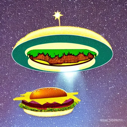 Prompt: UFO in shape of a burger tractor beam cow