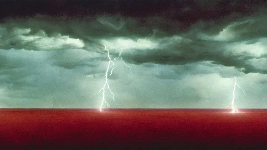 Prompt: lightning lighting things, film still from the movie directed by denis villeneuve and david cronenberg with art direction by salvador dali and zdzisław beksinski, wide lens