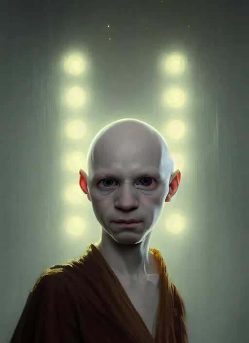 Image similar to portrait of an albino bald sick child oracle, ancient oracle, intricate, elegant, glowing lights, highly detailed, digital painting, artstation, concept art, smooth, sharp focus, art by wlop, mars ravelo and greg rutkowski