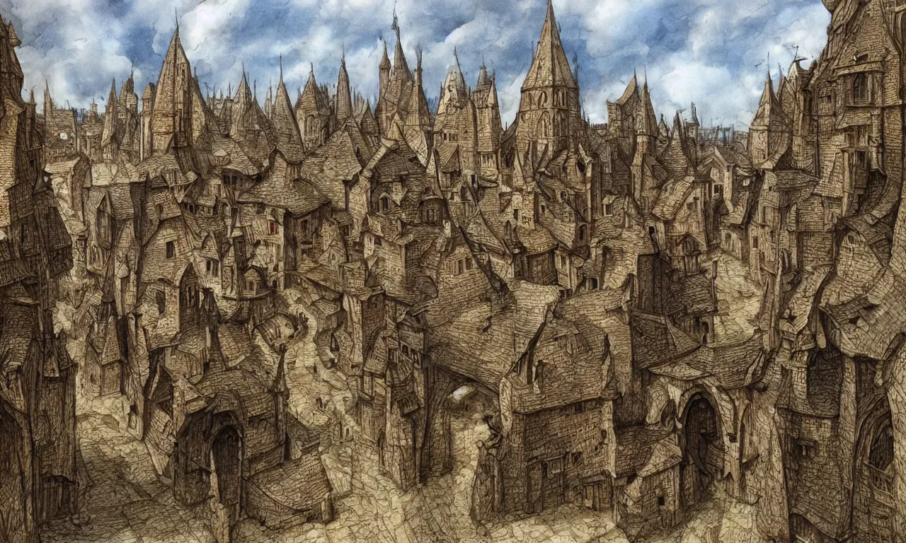 Prompt: stereoscopic 3D medieval small town with farms, middle-ages, high detailed sketch by John Howe and Alan Lee, award-winning masterpiece