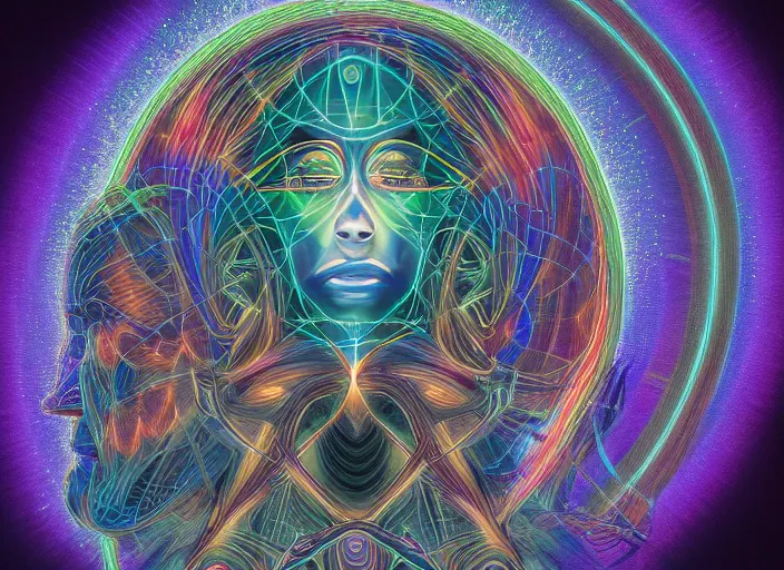 Image similar to trasnformation into transcendence into collaborative intelligence, endless collaboration with ai, connectedness, body, by alex grey, album cover, award winning, beautiful, colorful, volumetric lighting, trending on artstation, cinematic