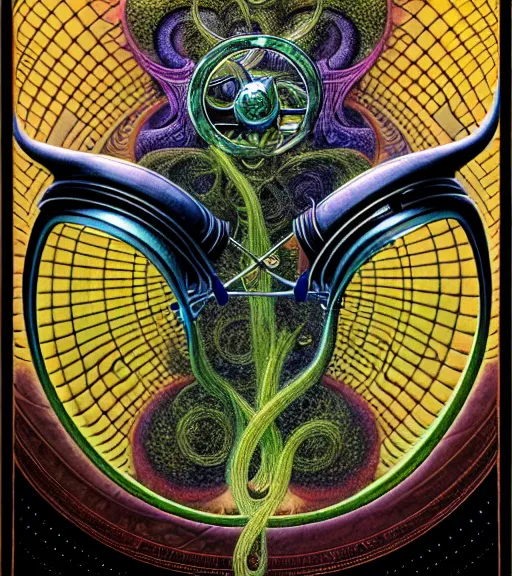 Image similar to tarot style logo of a mythical beast with headphones nodding to some dank techno smiling contentedly with closed eyes. by roger dean and andrew ferez, art forms of nature by ernst haeckel, divine chaos engine, symbolist, visionary, art nouveau, botanical fractal structures, organic, detailed, realistic, surrealism