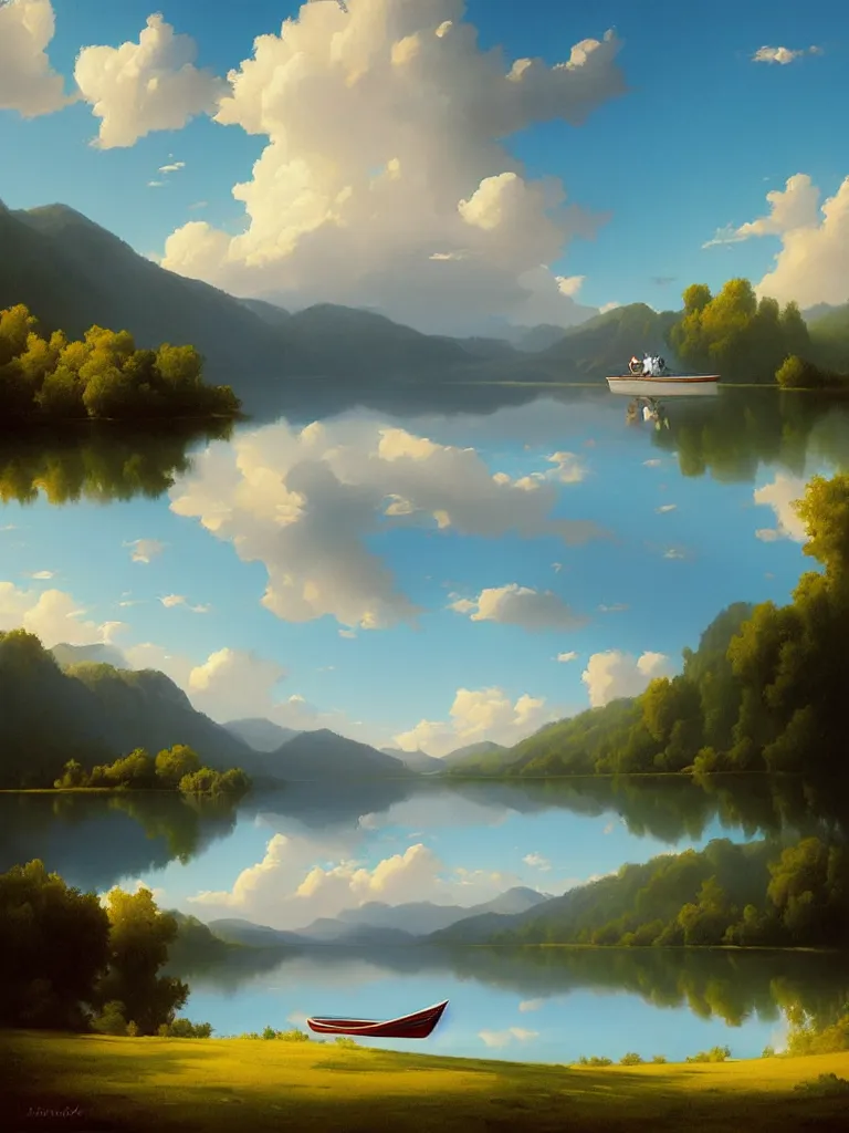 Image similar to a closup Lake with a fantasy boat serene puffy cloudy sky, Digital Matte Illustration by RHADS and asher brown durand