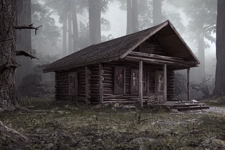 Prompt: cabin in the evil dead ( 1 9 8 1 ), very detailed, octane render, realistic, 8 k, unreal engine 5, dramatic, volumetric, night, dead trees, graves, greg rutkowski