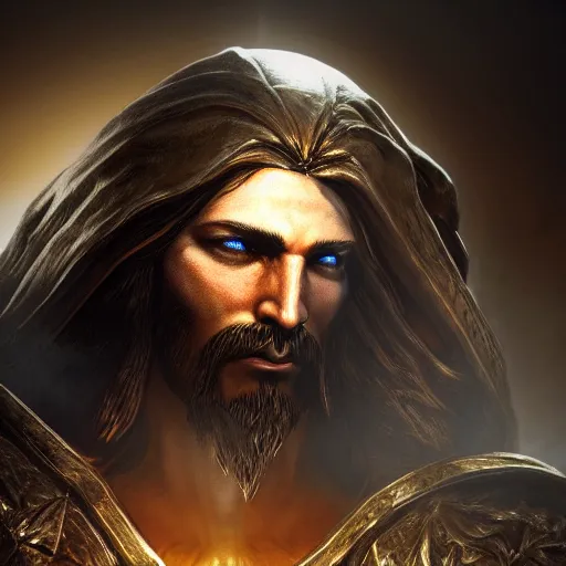 Image similar to a videogame still of Jesus in Diablo III, portrait, 40mm lens, shallow depth of field, close up, split lighting, cinematic