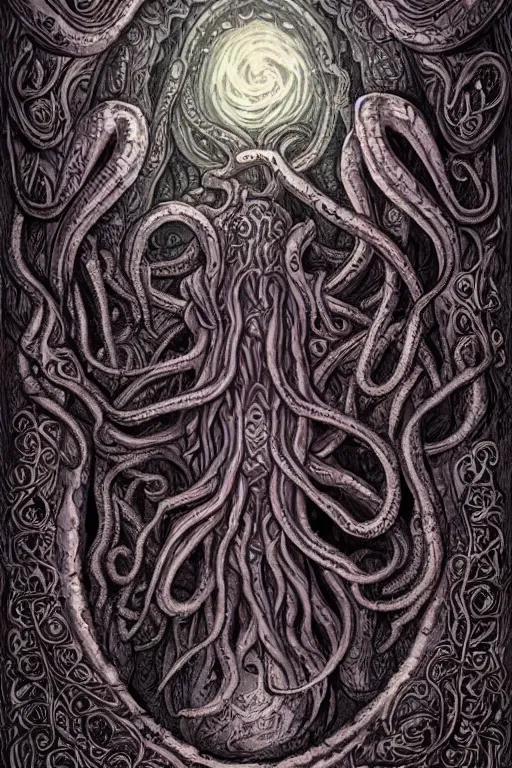 Image similar to ancient eldritch horror cthulhu, mind flayer, illithid, concept art, digital art, tarot card, highly detailed, ornate border, in the style of dungeons and dragons