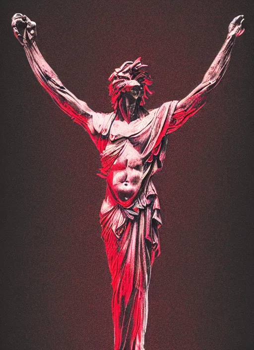 Image similar to dark design poster showing a beautiful greco roman statue, black background with very subtle red and purple design elements, powerful, nekro, vito acconci, thin straight lines, dark, glitch art, neo vaporwave, gritty, layout frame, square, trending on artstation