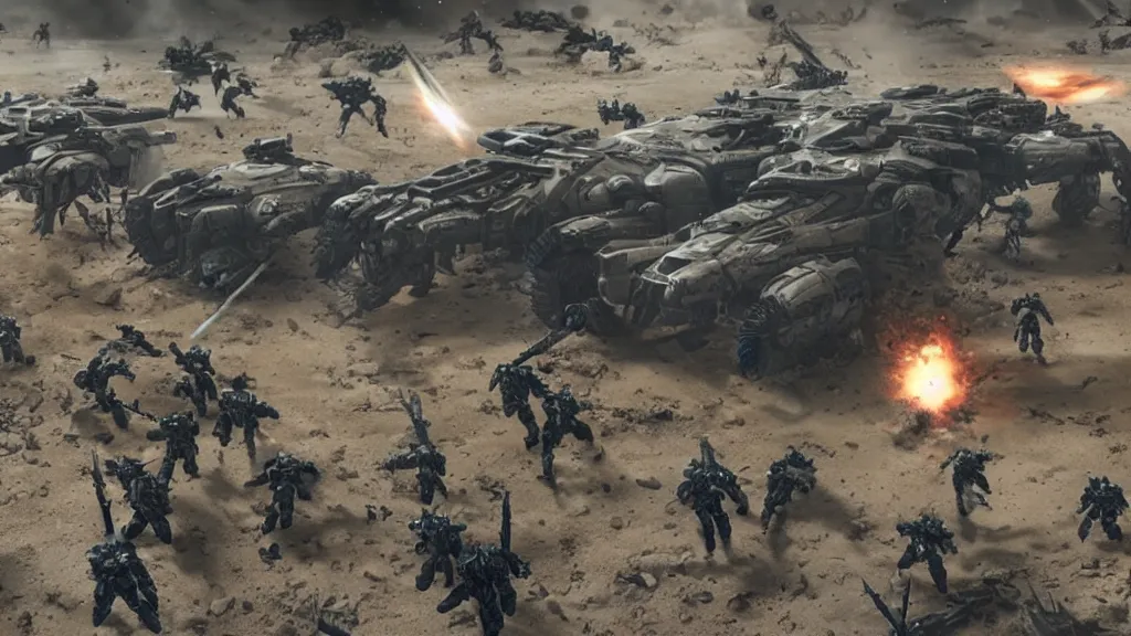 Prompt: sci-fi VFX action movie cinematography photoreal 3D scene of warhammer space marine destiny halo planting flag in epic future war zone, By Emmanuel Lubezki