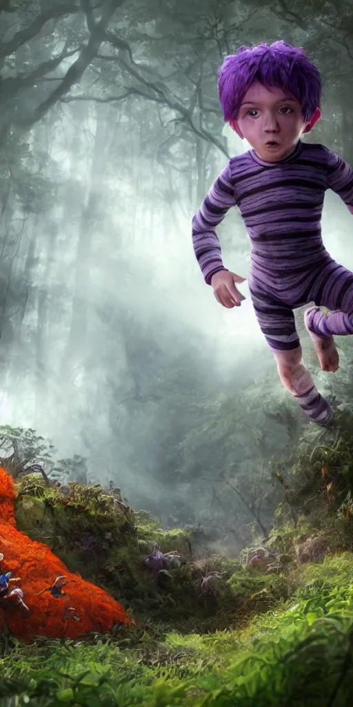 Image similar to little boy with purple hair wearing an orange and white striped outfit, surrounded by a green forrest, moody , lovecraft, giger, ridley scott, zack snyder, Fenghua Zhong, realistic cinematic lighting, establishing action shot, ultra detailed, hyper realism, photo, octane render