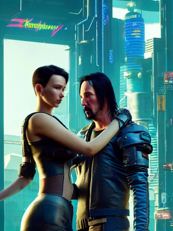 Image similar to a highly detailed photorealistic cyberpunk 2077 couple portrait of Keanu Reeves and female android,lots of electric cable behind,connected to giant computer,couple pose,love,fantasy, intricate, elegant,by Alex Horley and Greg Rutkowski,artstation,deviantart,FAN ART,Unreal Engine,Digital painting,face enhance,8K,golden ratio,cinematic lighting