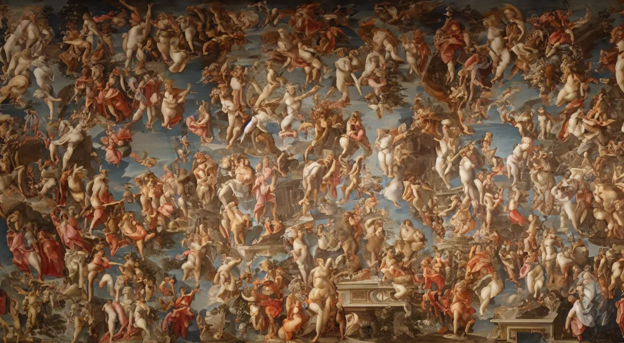 Prompt: a baroque fresco detailing the following progression : artificial intelligence, machines, innovation, discovery, architecture, society, people, conscious experience, multicellular life, molecular systems, biopolymers