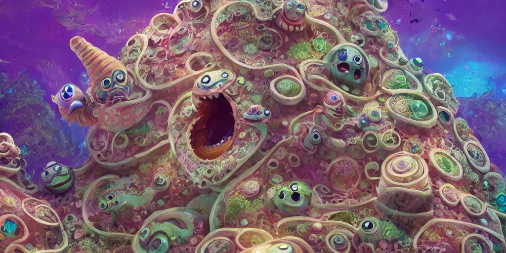 Image similar to of an intricate sea reef with strange cute friendly happy creatures with huge eyes, mouth, long tongue, round teeth and goofy face, appearing from the background, in the style of gehry and gaudi, macro lens, shallow depth of field, ultra detailed, digital painting, trending artstation, concept art, illustration, cinematic lighting, photorealism, epic, octane render