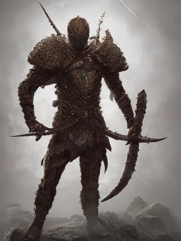 Image similar to full body frontview portrait of a warrior in spider armour, d & d character design, designed in blender, 8 k hd, octane render, intricate and highly detailed, coloured with lots of colour, pose, fantasy, sharp focus,
