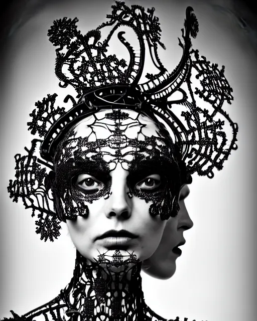 Image similar to surreal black and white photo portrait of complex bio-mechanical beautiful young female vegetal-cyborg with a Mandelbrot fractal metal fine lace face, curled silver hair, 150 mm lens, soft rim light, fine metal floral foliage super big lace collar by Alexander McQueen, high fashion, haute couture, rococo, steampunk, silver filigree details, anatomical, facial muscles, cable wires, microchip, elegant, hyper realistic, octane render, unreal engine, in the style Dora Maar, volumetric lighting, 8k,