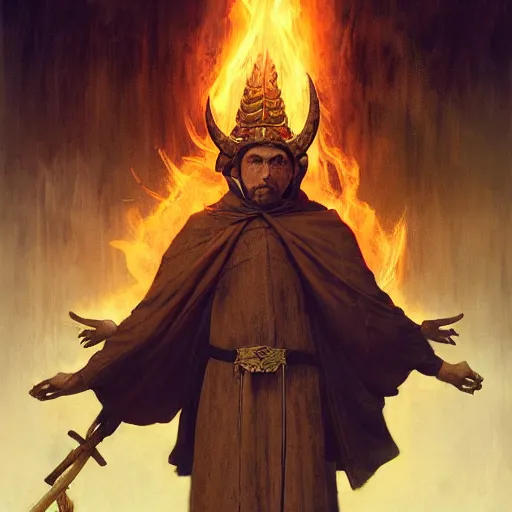 Prompt: ram horned catholic monk brings fire down from the sky, medieval style, trending on artstation, highly detailed, digital painting, volumetric light, concept art, sharp focus, illustration, art by greg rutkowski and alphonse mucha